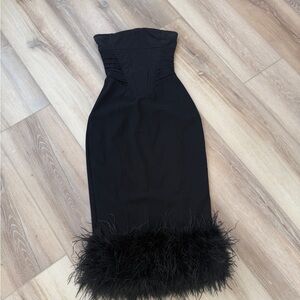 House of CB Feather Dress Small Strapless Black Corset Midi Elegant Party